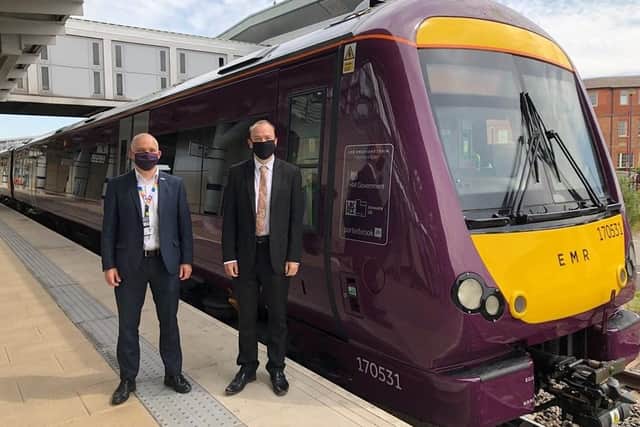 Will Rogers, East Midlands Railway chief executive, left, and rail minister Chris Heaton-Harris with the 'greener' train.