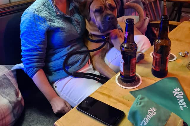 A customer and her pet enjoy the pub's hospitality.
