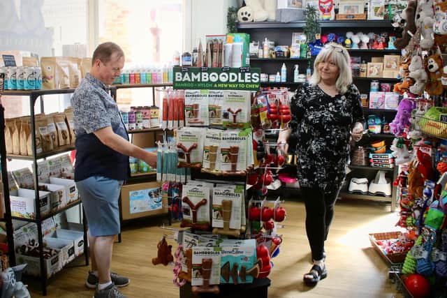 Tony and Carole Foster inside Barkworthy Dog Emporium, Chesterfield