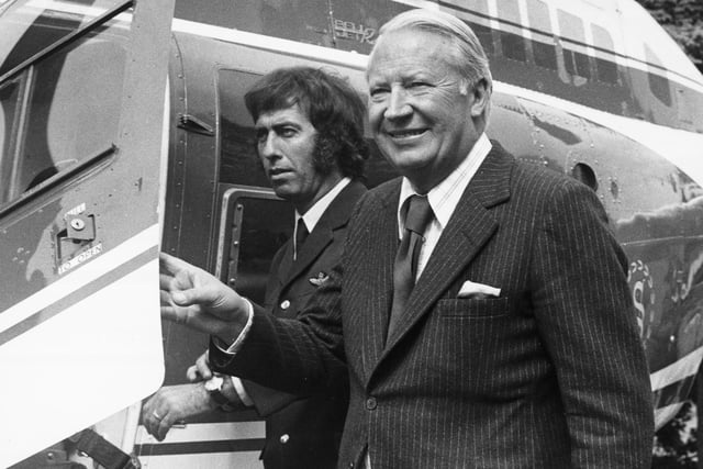 Former prime minister Ted Heath flies into Buxton to address 1,000 people at a pro Europe rally during the referendum on European membership in 1975