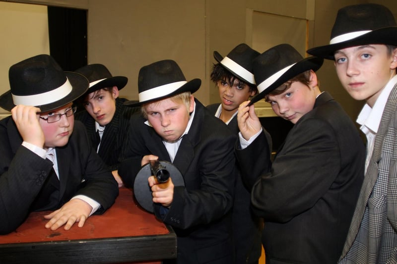 Tupton Hall School staged Bugsy Malone in 2009, L-R,  Scott Cartwright, Ted Wilkinson, Sam Thursby, Jermaine Cope, Michael Jerman, James Day.