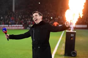 Sky Sports presenter Gary Neville enjoys the atmosphere during the Premier League match between Sheffield United and West Ham United at Bramall Lane on January 10, 2020 in Sheffield, United Kingdom. (Photo by Michael Regan/Getty Images)