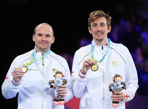 Paul Drinkhall (left) and Liam Pitchford with their doubles gold medal. Photo: Getty.