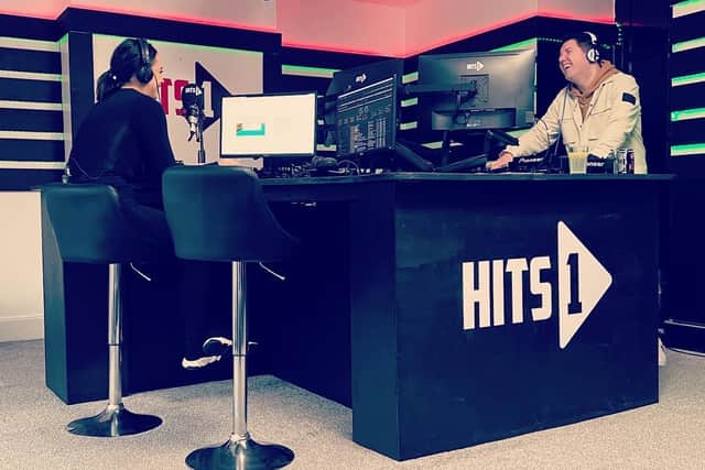 MTV's Teen Mom UK reality star Mia Boardman with Greg Beckett in the HITS1 Radio station studio in Chesterfield.