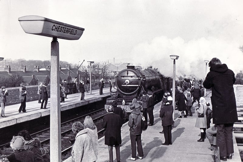 A sight for sore eyes is the impressive bulk of the Flying Scotsman as it steams through Chesterfield Station on its way to Derby workshops for a refit.  The famous engine had been unloaded from a boat in Liverpool after being on display in America - 19 February 1973