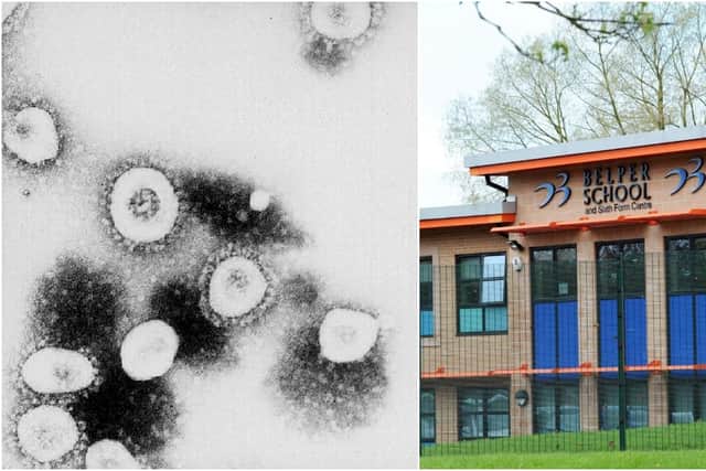 (Left) A microscopic view of the coronavirus (Right) Belper School is one of many in Derbyshire that have closed as fears of the pandemic grow.