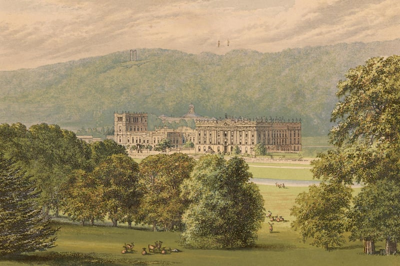 Chatsworth nestling  against a wooded hillside. The original house was demolished and a new one built for William Cavendish, the 1st Duke of Devonshire, between 1695 - 1707. The architect was William Talman, and gardens landscaped by Capability Brown.   (Photo by Hulton Archive/Getty Images)