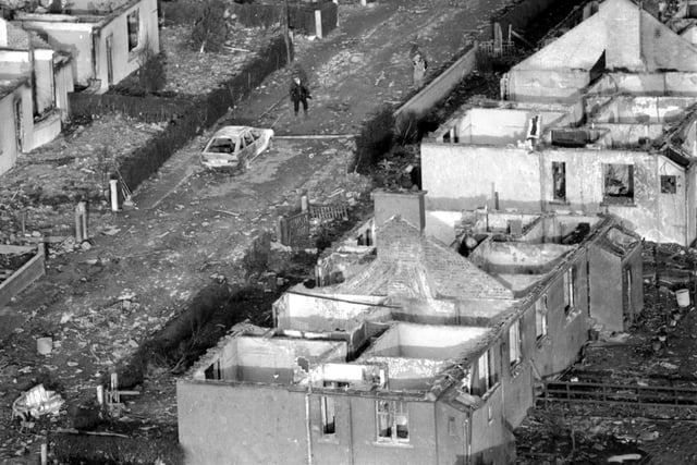 Aerial of burnt-out houses in the Borders town of Lockerbie, where Pan Am flight 103, a 747 Jumbo jet, crashed after a bomb exploded on board in December 1988.