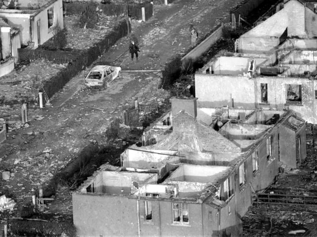 Aerial of burnt-out houses in the Borders town of Lockerbie, where Pan Am flight 103, a 747 Jumbo jet, crashed after a bomb exploded on board in December 1988.