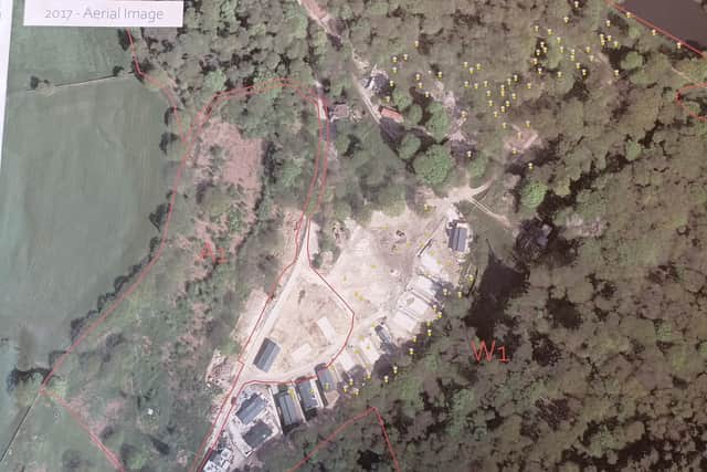 The Haytop Country Park in 2017, after the trees were cut down. The felled trees are marked with yellow dots.