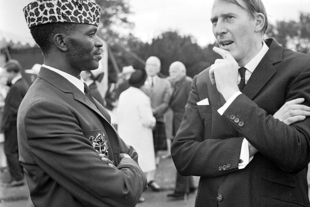 Sporting legends Dr Roger Bannister and Kenyan athlete Kip Keino chatting at the Commonwealth Games garden party in the Botanic Gardens Edinburgh in July 1970.