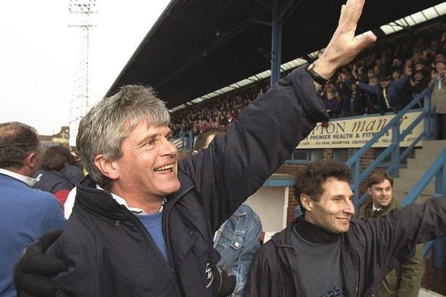 Chesterfield Manager John Duncan waves to the crowd after their victory in the FA Cup quarter-final against Wrexham. Chesterfield won the match 1-0 in March 1997.