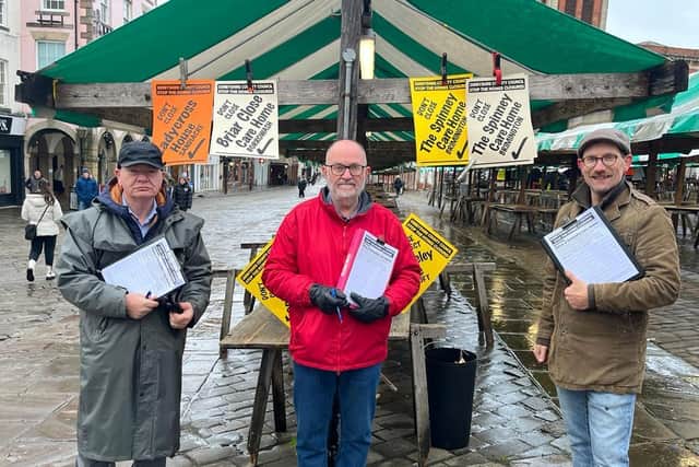 Save Our Care Homes campaigner Adrian Mather with Cllr Paul Niblock and Cllr Ed Fordham collecting signatures in Chesterfield Market.