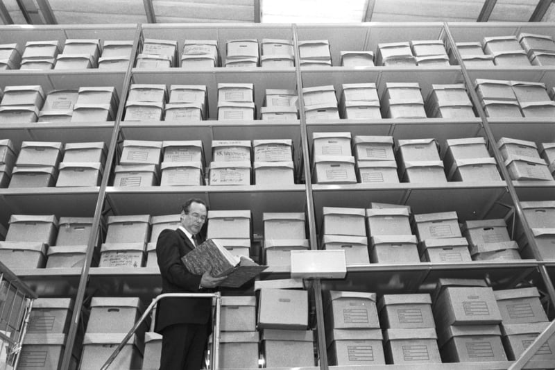 Ian Blackie, Chief Registrar at the Royal Bank of Scotland in the filing room with his 'eight miles of files', October 1988.