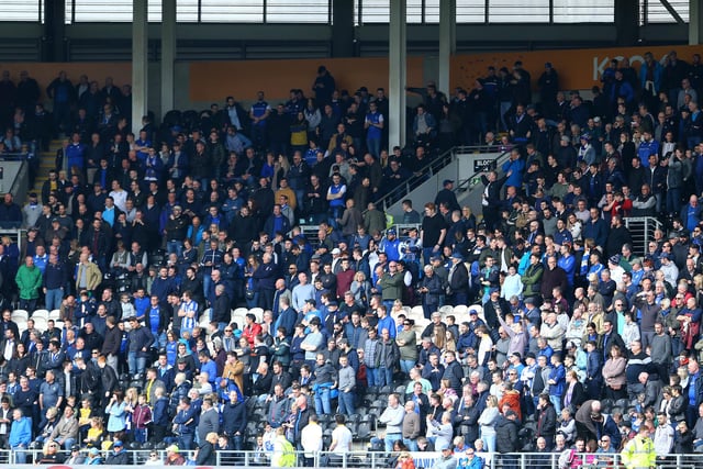 Wednesday supporters pack into the away end at the KCOM Stadium to watch their side take on Hull City in April 2018.
