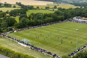 Aerial view: Fans line the pitch at Saturday's friendly between Clay Cross Town and Chesterfield at Mill Lane. Picture courtesy of Sean Morgan Photography