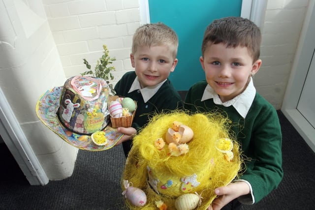 Cody Stevenson and Connor Stevenson with their Easter bonnets at The Green Infant School, South Wingfield.