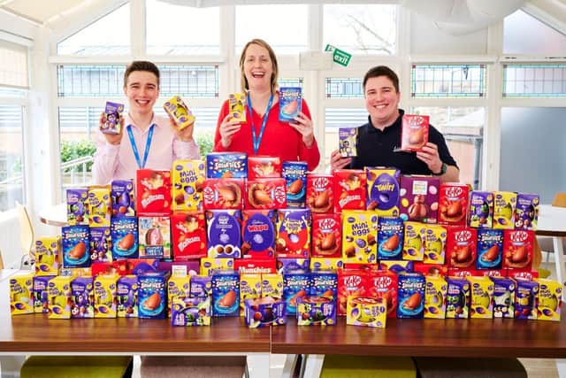 Nathan Sawyer, Charlotte Hyman and Gareth Hickinbotham from Lubrizol with the company’s Easter eggs