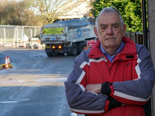 Dennis Martin, 78, has spoken about the damage and dirt being caused by lorries squeezing inches from homes to access a Miller Homes new build site, Somercotes.