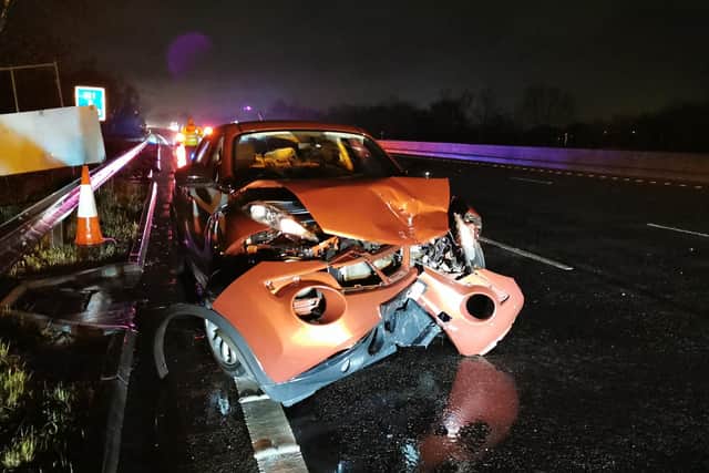 This picture posted on the @DerbyshireRPU Twitter account shows the mangled Nissan Juke.
