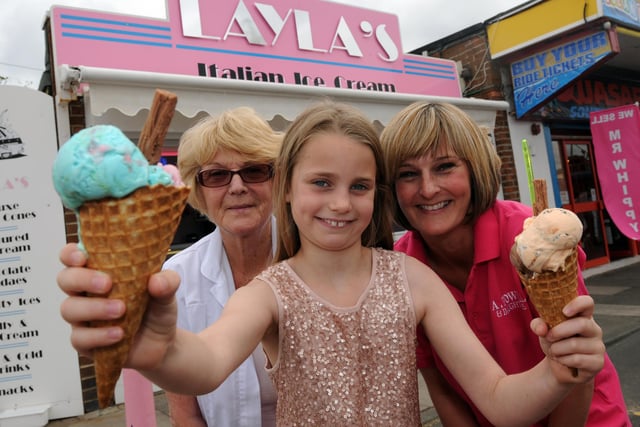 Layla's ice-cream parlour at Ocean Beach Pleasure Park in 2014 with Layla Alice Powell, Alice Powell and Rachel Powell in the picture.