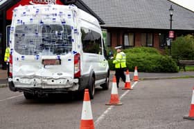 The written-off van was seen on the M1 in Derbyshire with its smashed back windows and doors held together with shrink wrap