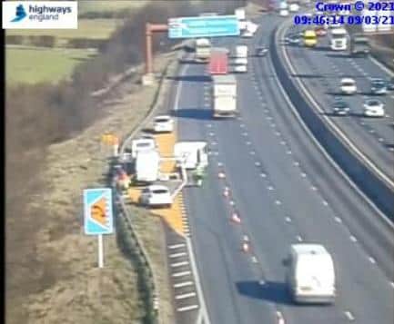 One lane is closed on the M1 between J29 and J29 near Chesterfield (picture: Highways England)