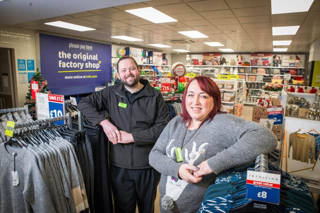 Central England Co-op Ripley store manager Nathan Burrows and Original Factory Shop store manager Helen Bowler