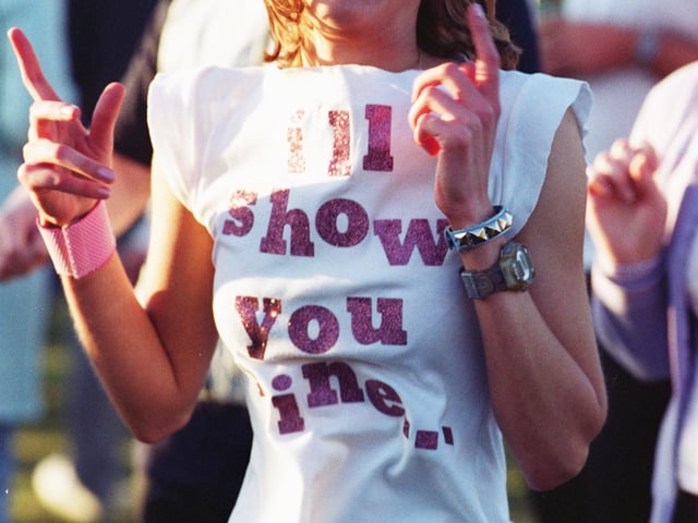 Gemma Radcliffe one the many Sheffield fans at the Don Valley Bowl with the Radio One Road Show in 2001