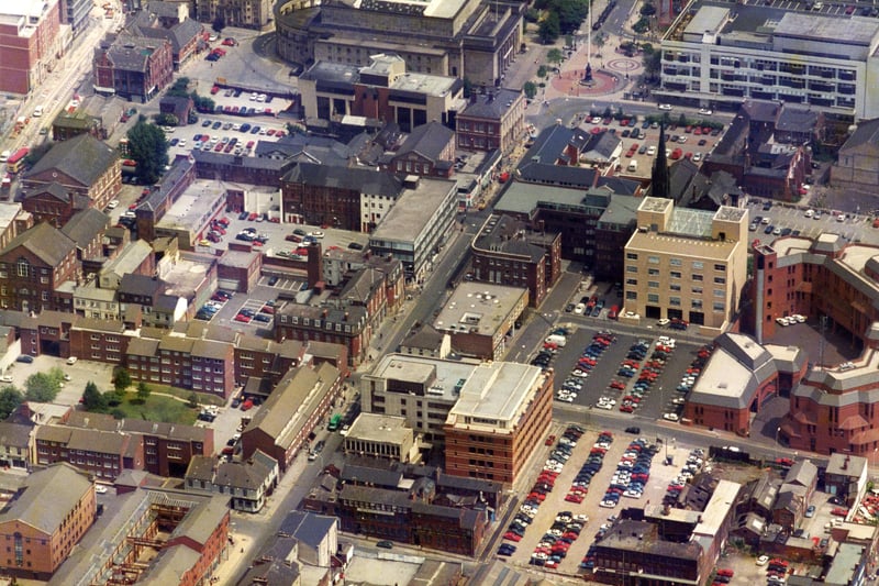 An aerial view of Division Street, Sheffield and the surrounding area in 1994, with the City Hall at the top of the picture