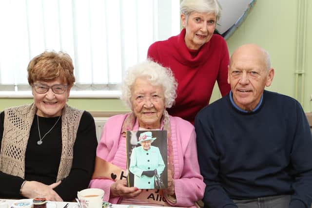 Alice Sutton celebrating her 100th birthday with her daughter Margaret Crampton and her son David and his wife Anne. Picture by Jason Chadwick.