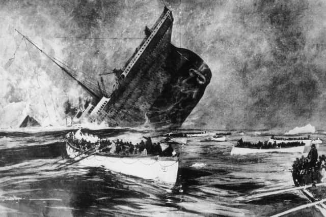 Survivors watch from the lifeboats as the ill-fated White Star liner, the 'Titanic', plunges beneath the waves. Original Publication: Illustrated London News - pub. 1912  Original Publication: (Photo by Hulton Archive/Getty Images)