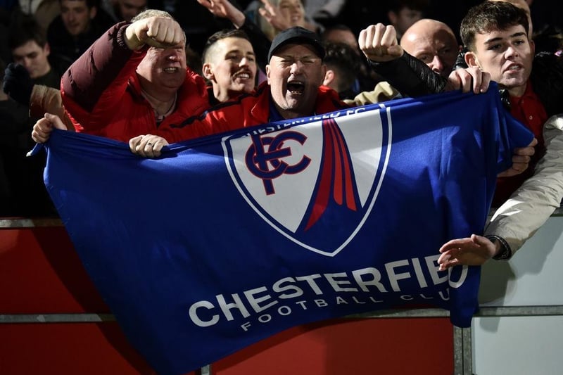 Chesterfield fans celebrate during the Emirates FA Cup Second Round match between Salford City and Chesterfield FC on December 05, 2021.