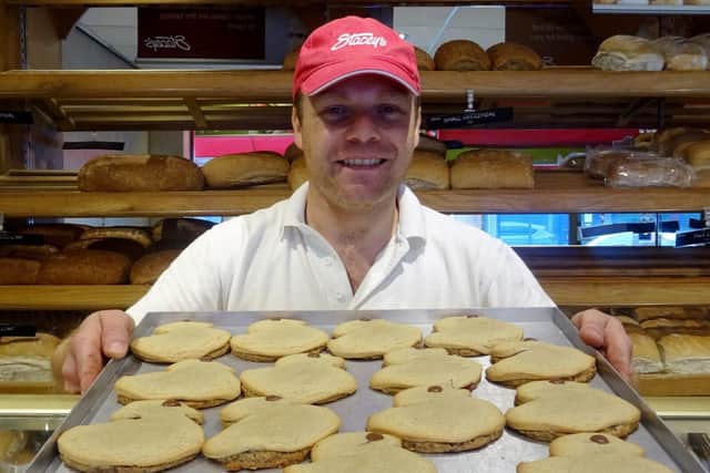 Managing director David Stacey with a tray of the reborn Ey Up Me Duck biscuits