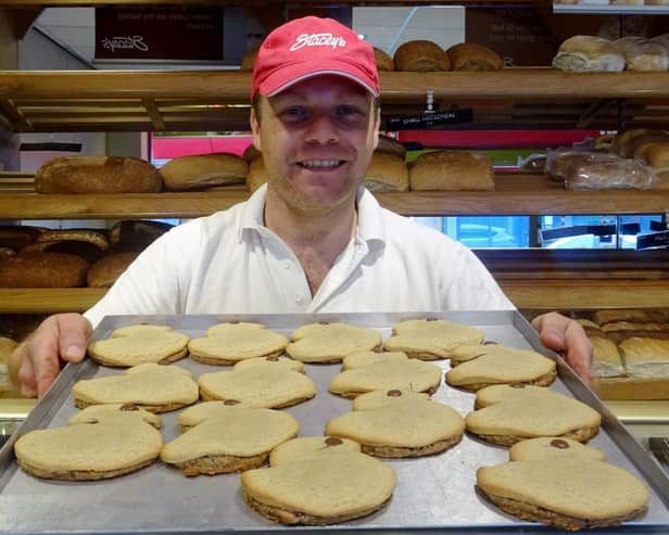 Managing director David Stacey with a tray of the reborn Ey Up Me Duck biscuits