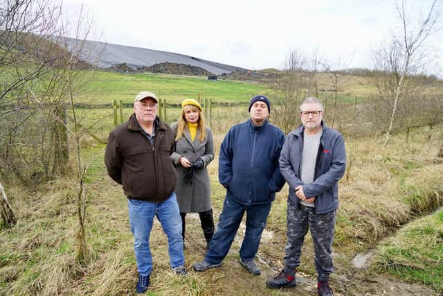 Poolsbrook and Duckmanton residents have been complaining about the smell, noise and flies at Erin Landfill site for years – with issues getting worse in the last eighteen months. Above local residents Andrew Parsons, Martin White and Daryl Yeates with Cllr Anne Frances Hayes.