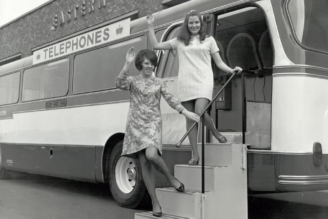 Telephone operators outside the new exchange, which was set up in a bus.