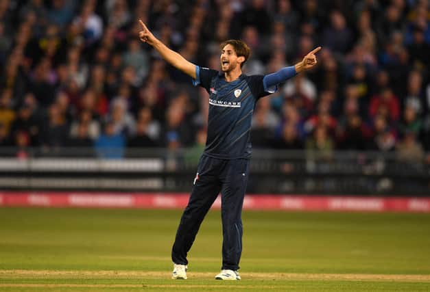 Fynn Hudson-Prentice celebrates after taking the wicket of Miles Hammond during the Vitality T20 Blast quarter-final match between Gloucestershire and Derbyshire Falcons last season. (Photo by Harry Trump/Getty Images)