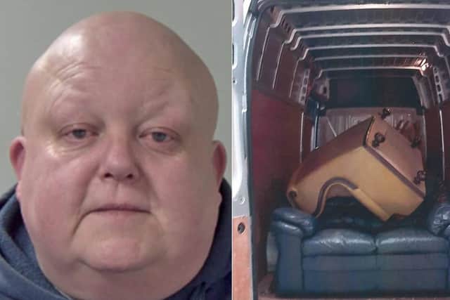 Nicholas Fullwood and the van with sofas inside which police found hidden migrants