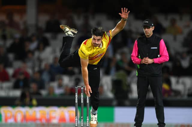 Rockets bowler Marchant de Lange in action during the Eliminator match of The Hundred between Southern Brave Men and Trent Rockets Men at The Kia Oval on August 20, 2021 in London, England. (Photo by Stu Forster/Getty Images)