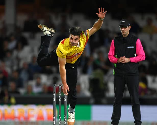 Rockets bowler Marchant de Lange in action during the Eliminator match of The Hundred between Southern Brave Men and Trent Rockets Men at The Kia Oval on August 20, 2021 in London, England. (Photo by Stu Forster/Getty Images)