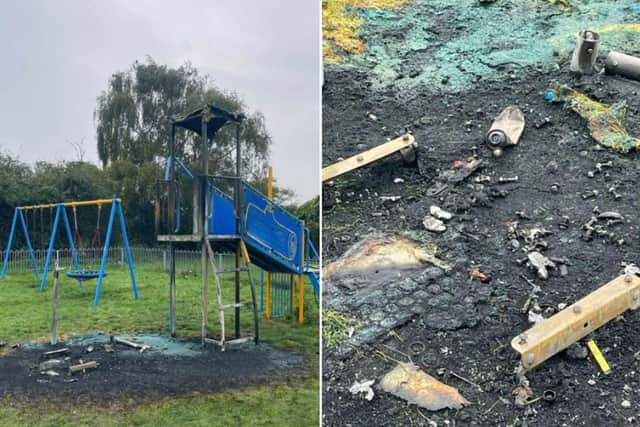 The a fire was set to a curly slide at a play area opened thanks to funds raised by the community.