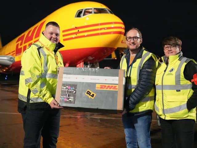 James Neill (DHL), Lloydie James Lloyd (Fun Kids Radio) &amp; Claire Webster (EMA) with the time capsule
