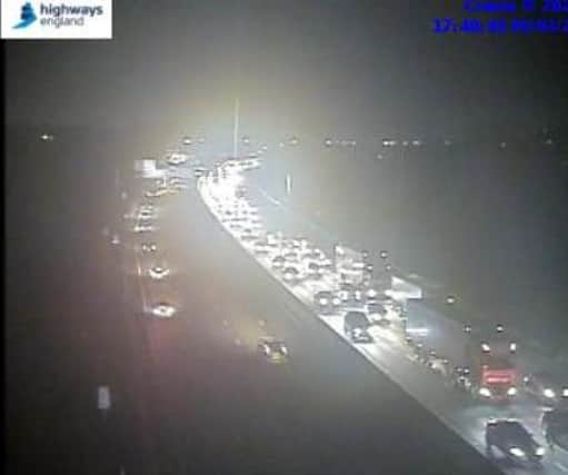 Two lanes are closed and traffic is queueing due to a broken down vehicle on the M1 near Chesterfield