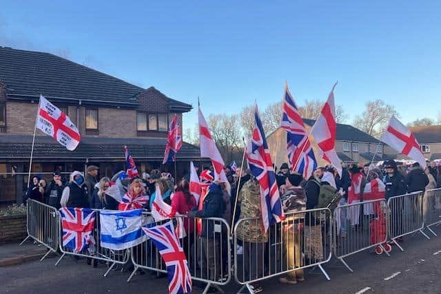 Pictured are protesters, opposed to illegal immigration, outside The Sandpiper Asylum Seeker Hotel, In Chesterfield, Taken By Bbc Ldr Jon Cooper.