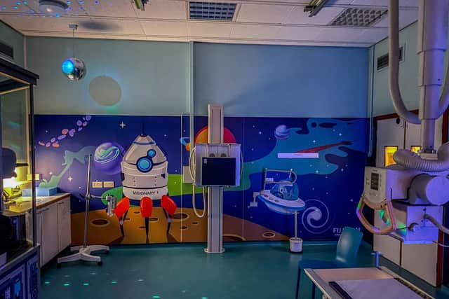 A space theme was picked for the paediatric X-Ray room at the Chesterfield Royal Hospital.