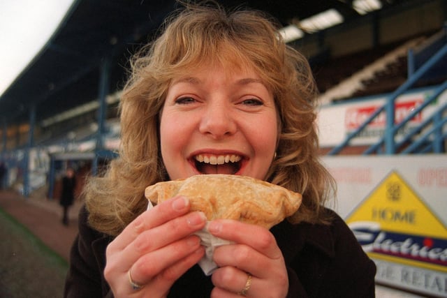 Fiona Firth tucked into a Teresa Booth's pie at Saltergate in 1998