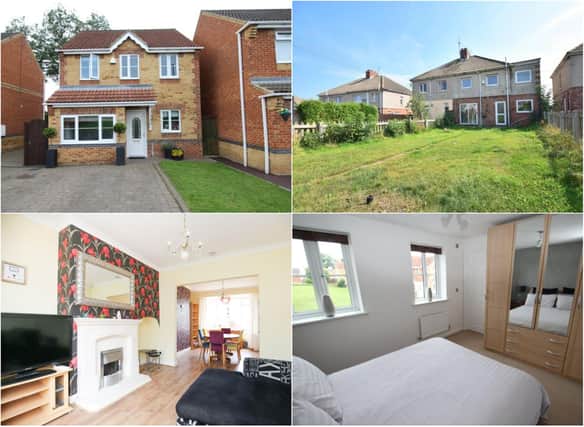 Clockwise from top left, the front of the property on Halesworth Drive, the spacious back garden at Leechmere Way in Ryhope, One of the three bedrooms at Halesworth Drive and the living room at Hurstwood Road in High Barnes.