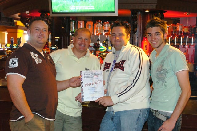 Chris Berry, Karl Harrison, Guy Gillespie and Mike Seno at Brannigans in Blackpool. The bar had won the The Weekend Entertainment Awards 2006  Best Live Venue award, 2006