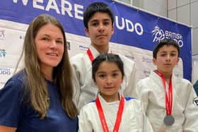 Former GB Olympic Judo player Karen Jones with medal winners; Idris Khan 15, Ilyas Khan 12, Hadeeja Khan 8 